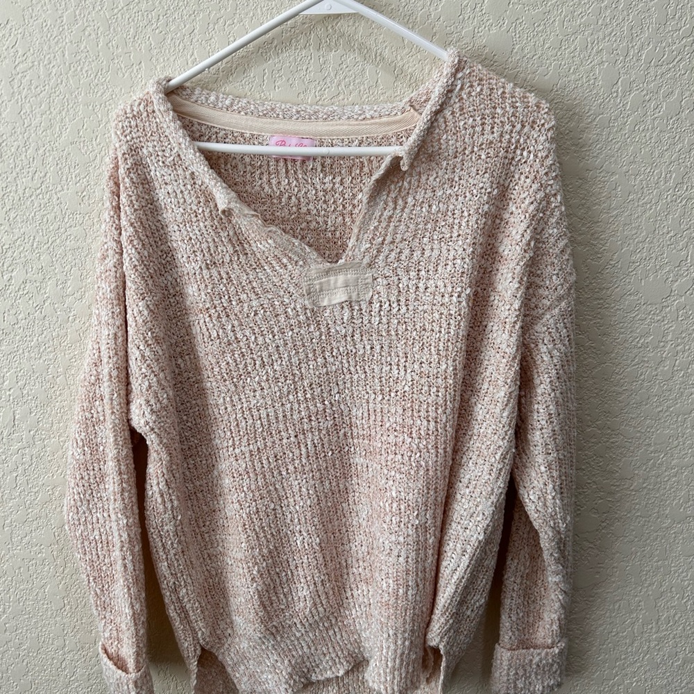 Pink Lily Textured V-Neck Sweater in Light Pink